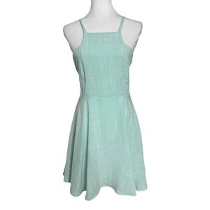 Ethereal Paper Crane Skater Dress‎ Aqua Teal Blue Linen Cotton Size M
